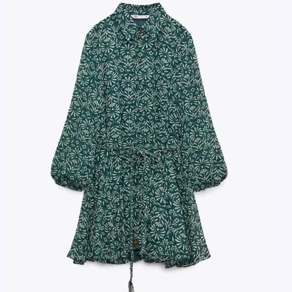 NWT Zara Green Printed Button Down Dress Braided Self Belt Elastic Sleeves LARGE - Picture 3 of 15
